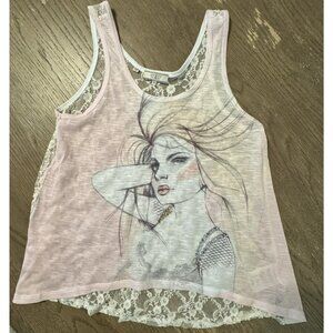 Guess USA Women Lace Cream Pink Tank High Low Tank Rhinestone Size Small 80s 90s